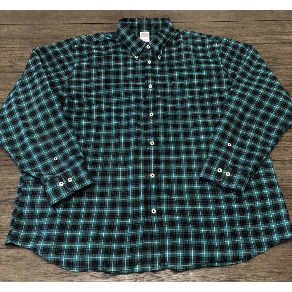Brooks Brothers Mens XXL Archival Brushed Twill Flannel Dark Green Black Plaid